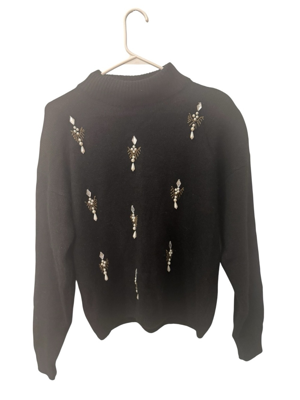 Cezanne black sweater features intricate pearl and bead embellishments size L